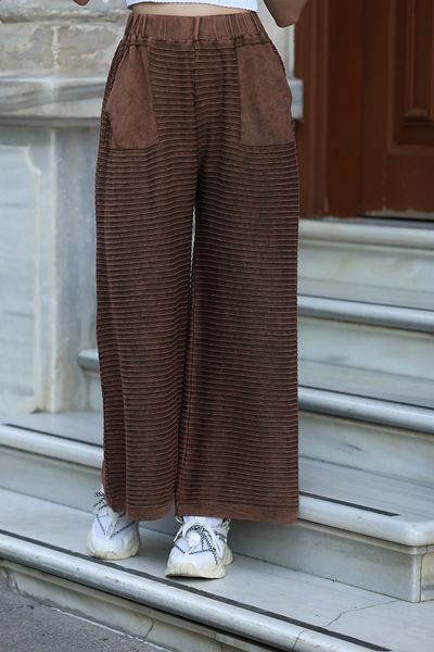 AYASOFYA OTANTIK Women's Brown Elastic Waist Pocket Detailed Antique Loose Cotton Wide Leg Knitwear Trousers