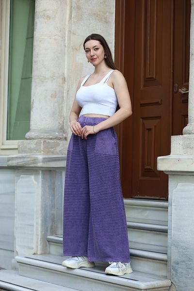 AYASOFYA OTANTIK Women's Purple Elastic Waist Pocket Detailed Antique Loose Cotton Wide Leg Knitwear Trousers