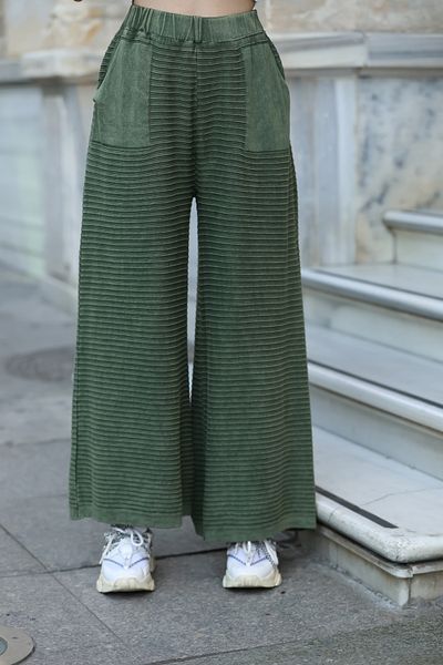 AYASOFYA OTANTIK Women's Khaki Elastic Waist Pocket Detailed Antique Loose Cotton Wide Leg Knitwear Trousers