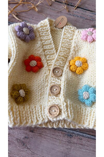 seraskids Hand-Knitted Cream Color Colorful Daisy Buttoned Baby Girl Cardigan