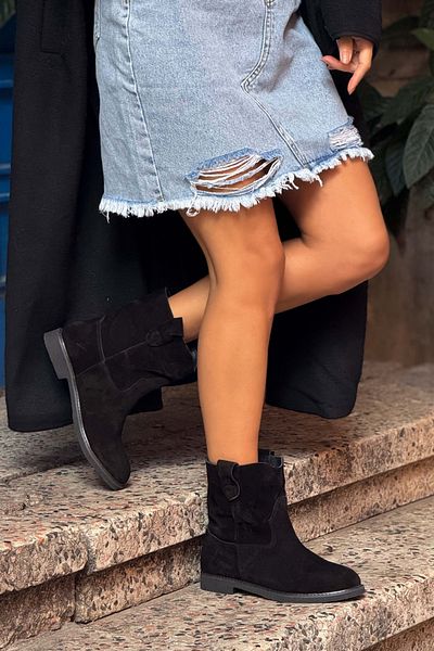 NİŞANTAŞI SHOES Dámské boty Clara Black z pravé semišové kůže po kotníky s plochou podrážkou Eva