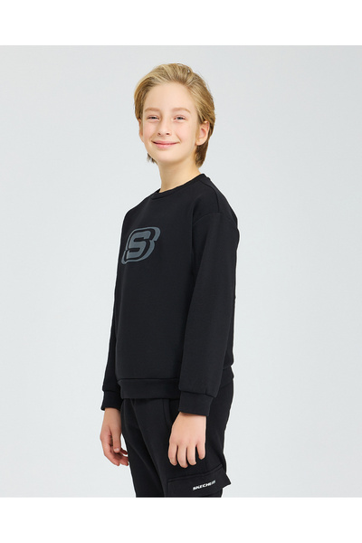 SKECHERS B Essential Crew Neck Sweatshirt Büyük Erkek Çocuk Siyah Sweatshirt Sk232065-001