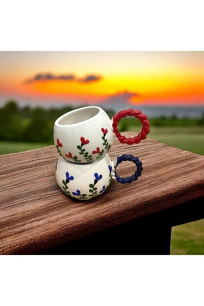 SeraCEY Pack of 2 Bubble Knitted Handles Embossed Ivy Floral Pattern Handmade Ceramic Mug