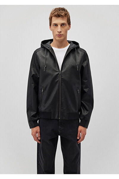 Mavi Kapüşonlu Siyah Suni Deri Ceket Regular Fit / Normal Kesim 0110437-900