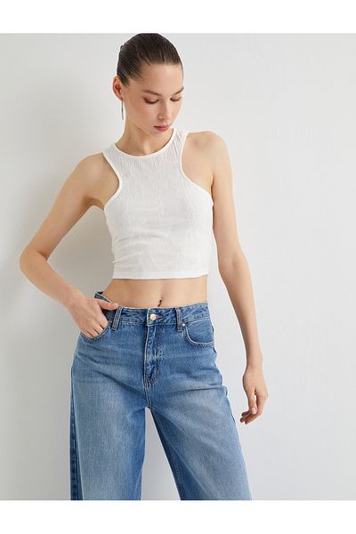 Koton Asymmetric Crop Top Textured Slim Fit Round Neck