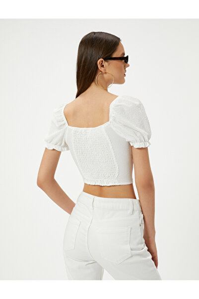 Koton Lace Detailed Balloon Sleeve Crop Blouse - Buttoned U Collar, Crinkle Fabric