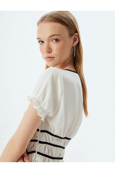 Koton Square Neck Slim Fit Balloon Sleeve T-Shirt - Bow Detail, Short Sleeve