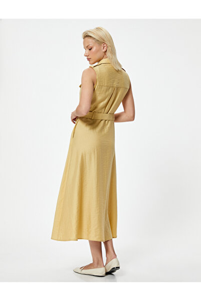 Koton Uzun Gömlek Elbise Kolsuz Kemerli Lyocell Kumaş Karışımlı