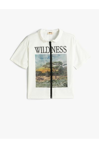Koton Photo Printed T-Shirt - Zippered, Crew Neck, Short Sleeve