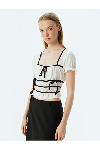 Koton Square Neck Slim Fit Balloon Sleeve T-Shirt - Bow Detail, Short Sleeve