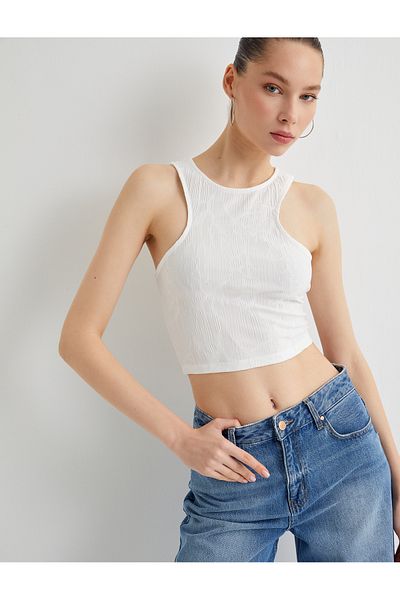 Koton Asymmetric Crop Top Textured Slim Fit Round Neck