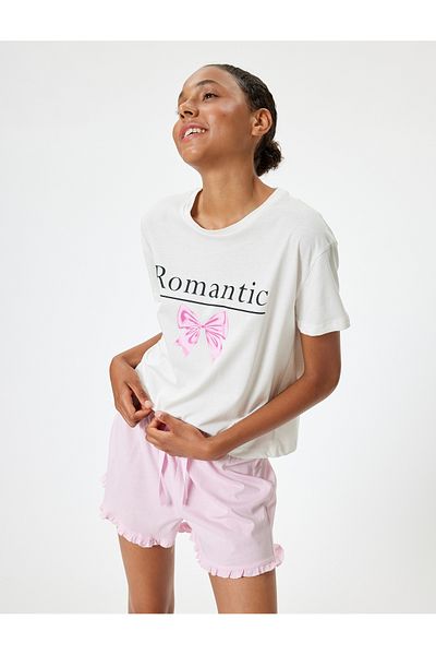 Koton Pyjama-Set mit Schleifen-Print und Shorts mit Rüschendetail