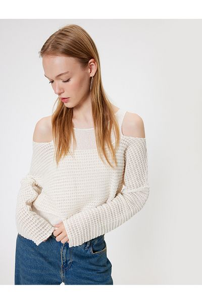 Koton Crochet Textured Long Sleeve T-Shirt - Window Detail, Crew Neck, Comfortable Fit
