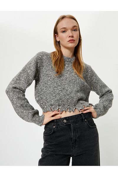 Koton Long Sleeve Crew Neck - Ripped Detailed Melted Knitwear Sweater