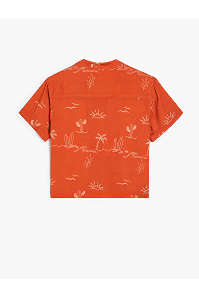 Koton Viscose Fabric - Short Sleeve Shirt with Single Pocket and Print Detail