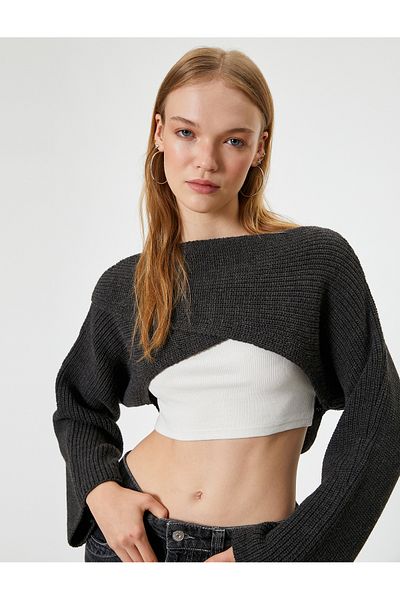 Koton Boat Neck Crop Knitwear Sweater - Layered Bell Sleeve