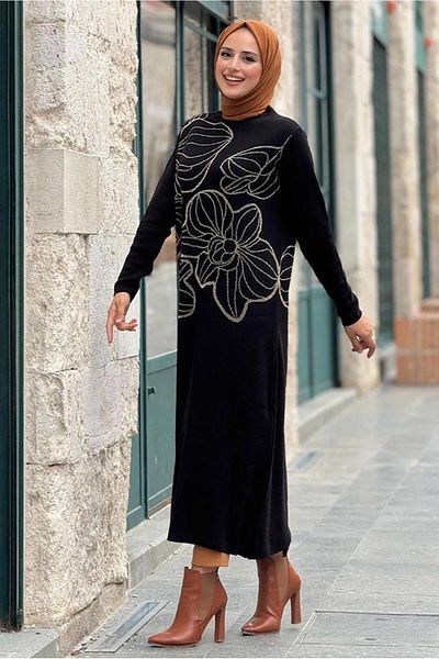 TRENDTESETTÜR Black-Gold Long Knitwear Tunic Women's - t 19181