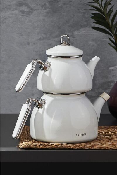 Neva N3075 Beyaz Lilyum Emaye El Yakmayan Kulplu Büyük Boy Çaydanlık Takımı