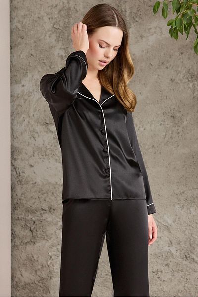 Pierre Cardin Satin Piping Women's Pajama Set - 1200 Black