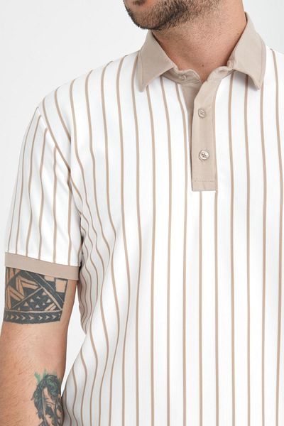 Valiberta Beige Premium Striped Polo Collar T-Shirt