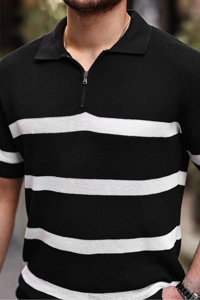 Valiberta Half Zipper Striped Oversize Knitwear T-shirt - Black