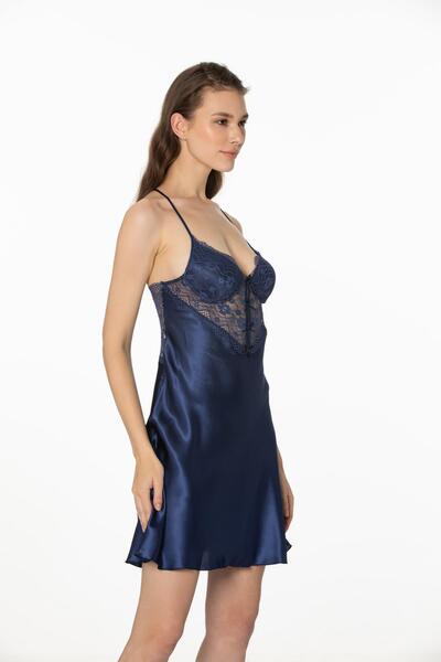 Pierre Cardin Saten Dantelli Kadın Gecelik - 680 Lacivert