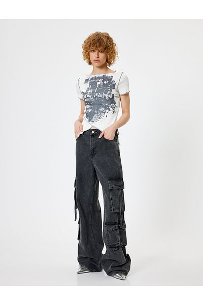 Koton Asymmetric Cut Printed Camisole T-Shirt - Crew Neck, Short Sleeve, Slim Fit