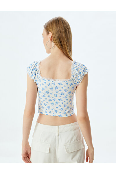 Koton Floral Print Slim Fit Crop Top - Short Sleeve, Square Collar