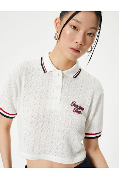 Koton Polo-Ausschnitt-T-Shirt, kurz, gewebt, kurzärmlig, Streifendetail