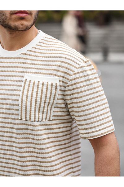 Valiberta Crew Neck Single Pocket Striped T-Shirt - Beige
