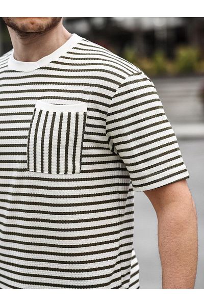 Valiberta Crew Neck Single Pocket Striped T-Shirt - Khaki