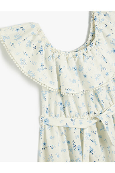 Koton Keten Elbise Kolsuz Fırfırlı Katlı Düşük Omuz