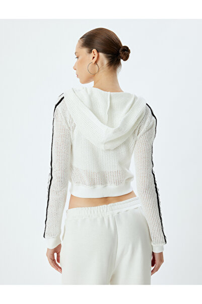 Koton Openwork Zippered Hooded Crop Sweatshirt - Stripe Detailed