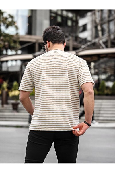 Valiberta Ριγέ μπλουζάκι Crew Neck με μονή τσέπη - Μπεζ