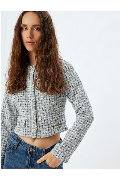 Koton Tweed Crop Jacket - Round Neck, Button, Long Sleeve, Pocket