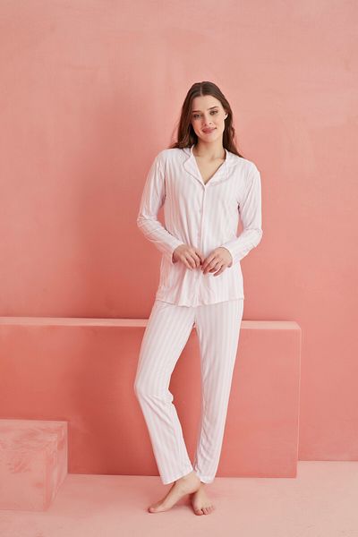 ELİTOL Pink Striped Patterned Front Buttoned Suede Pajama Set