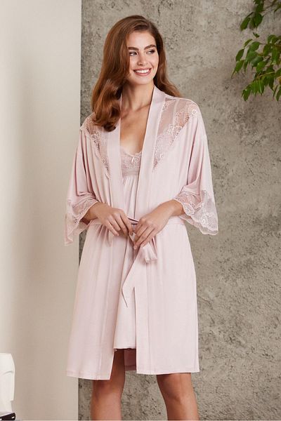 Pierre Cardin Set cămașă de noapte și halat din dantelă din bumbac pieptănat - 4010