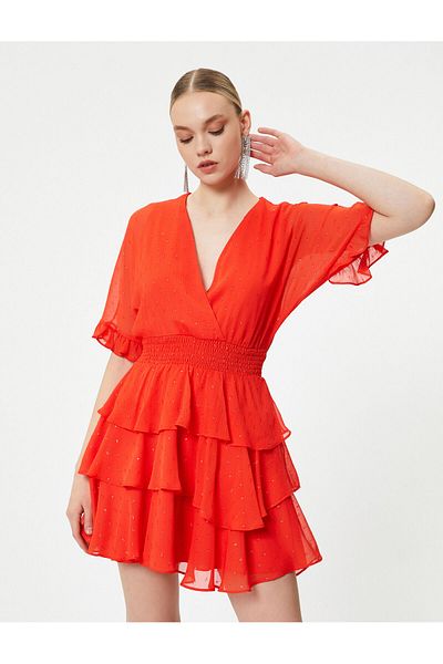 Koton Mini-Tüllkleid mit Rüschen, mehrlagig, glitzernd, zweireihig, Ausschnitt, kurze Ärmel