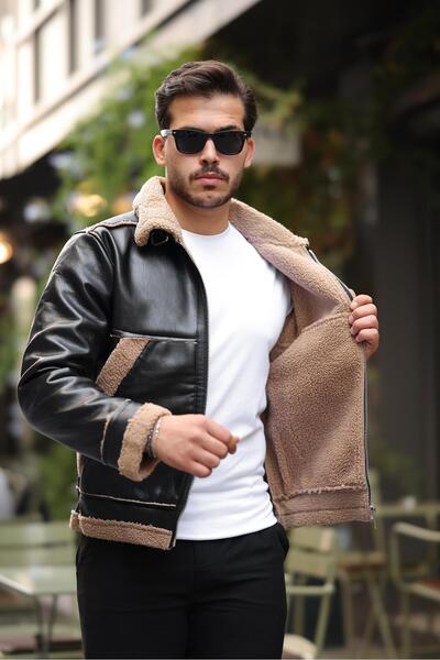 Valiberta Ανδρικό δερμάτινο μπουφάν με λεπτομέρεια από γούνα σε μπεζ χρώμα