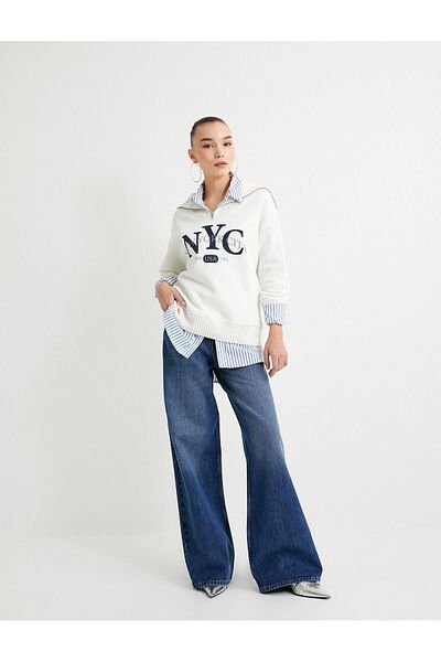Koton Half Zipper Oversize Sweatshirt College Themed Stand Collar