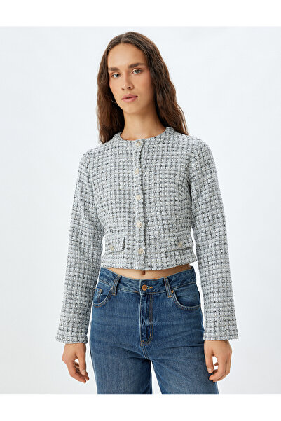 Koton Tweed Crop Jacket - kulatý výstřih, knoflík, dlouhý rukáv, kapsa