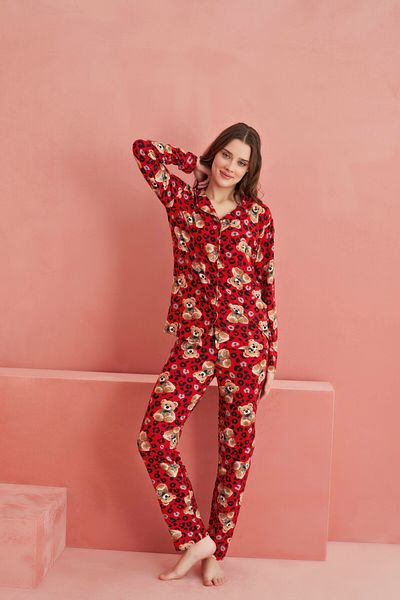 ELİTOL Red Bear Patterned Front Buttoned Suede Pajama Set