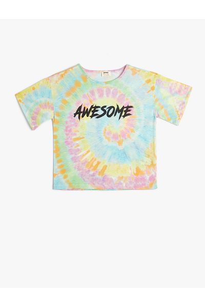 Koton Tie-Dye Patterned Slogan Printed Oversize Short Sleeve T-Shirt