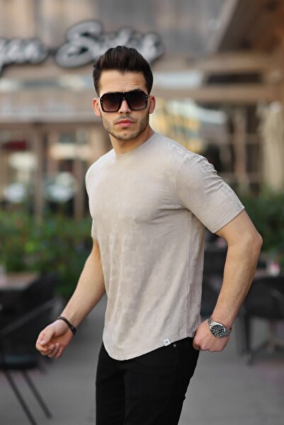 Valiberta Jacquard Patterned Crew Neck T-shirt - Beige