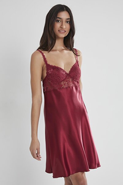 Pierre Cardin Saten Dantelli Kadın Gecelik - 665 Bordo