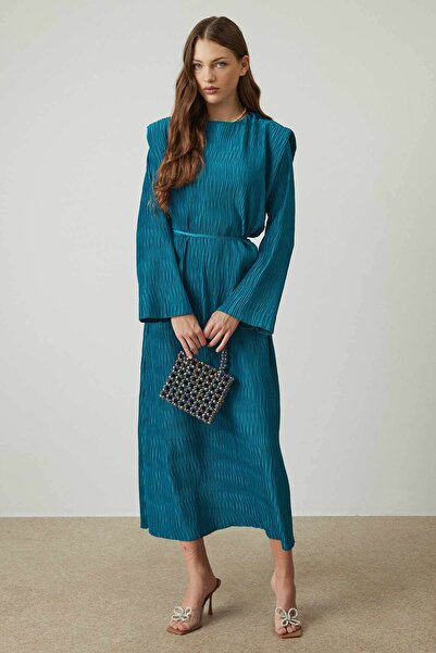 Hooopstore Petrol Color Textured and Detailed Satin Dress