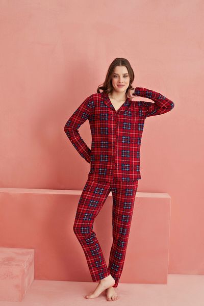 ELİTOL Red Plaid Patterned Front Buttoned Suede Pajama Set