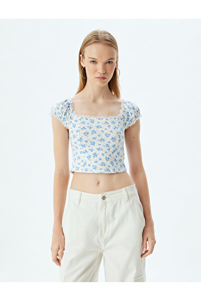 Koton Floral Print Slim Fit Crop Top - Short Sleeve, Square Collar
