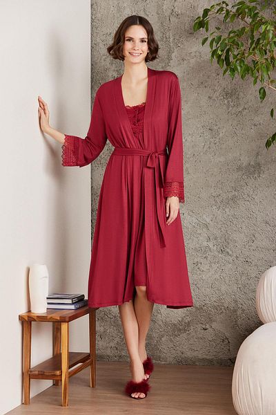 Pierre Cardin Combed Cotton Lace Women's Nightgown and Dressing Gown Set - 4005 Claret Red