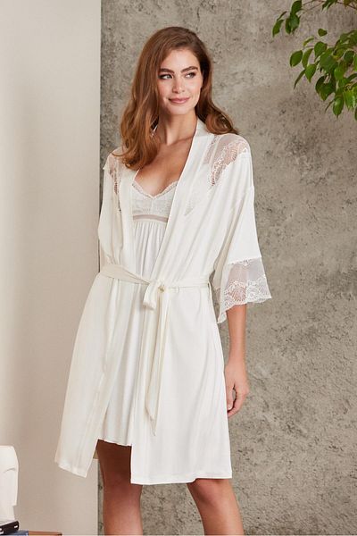 Pierre Cardin Set cămașă de noapte și halat din dantelă din bumbac pieptănat - 4010